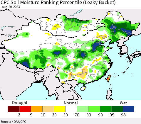 China, Mongolia and Taiwan CPC Soil Moisture Ranking Percentile (Leaky Bucket) Thematic Map For 8/16/2023 - 8/20/2023