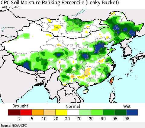 China, Mongolia and Taiwan CPC Soil Moisture Ranking Percentile (Leaky Bucket) Thematic Map For 8/21/2023 - 8/25/2023