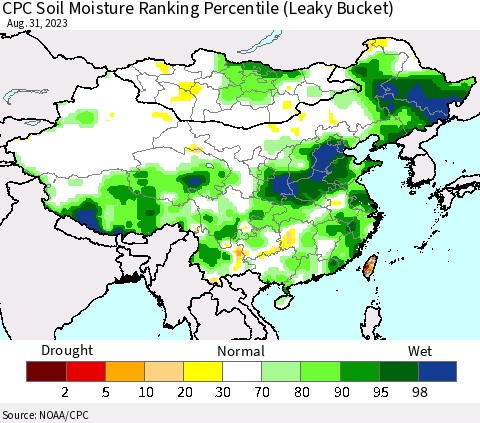 China, Mongolia and Taiwan CPC Soil Moisture Ranking Percentile (Leaky Bucket) Thematic Map For 8/26/2023 - 8/31/2023