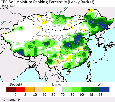 China, Mongolia and Taiwan CPC Soil Moisture Ranking Percentile (Leaky Bucket) Thematic Map For 9/1/2023 - 9/5/2023