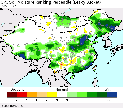 China, Mongolia and Taiwan CPC Soil Moisture Ranking Percentile (Leaky Bucket) Thematic Map For 9/6/2023 - 9/10/2023