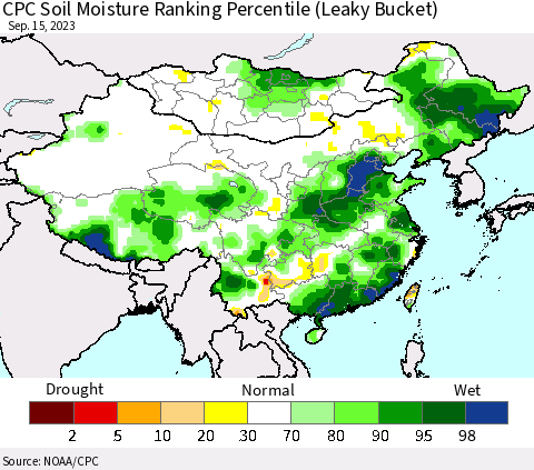 China, Mongolia and Taiwan CPC Soil Moisture Ranking Percentile (Leaky Bucket) Thematic Map For 9/11/2023 - 9/15/2023