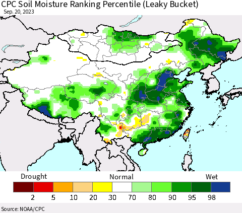 China, Mongolia and Taiwan CPC Soil Moisture Ranking Percentile (Leaky Bucket) Thematic Map For 9/16/2023 - 9/20/2023