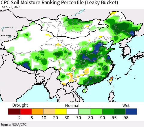 China, Mongolia and Taiwan CPC Soil Moisture Ranking Percentile (Leaky Bucket) Thematic Map For 9/21/2023 - 9/25/2023