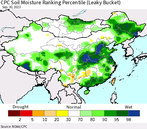 China, Mongolia and Taiwan CPC Soil Moisture Ranking Percentile (Leaky Bucket) Thematic Map For 9/26/2023 - 9/30/2023