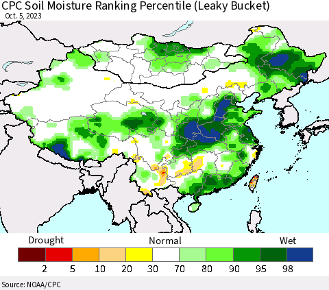 China, Mongolia and Taiwan CPC Soil Moisture Ranking Percentile (Leaky Bucket) Thematic Map For 10/1/2023 - 10/5/2023