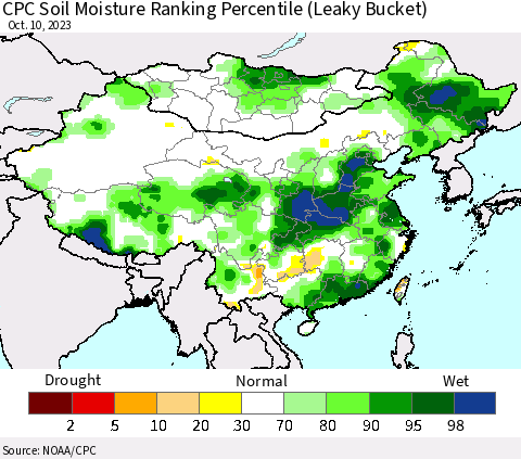 China, Mongolia and Taiwan CPC Soil Moisture Ranking Percentile (Leaky Bucket) Thematic Map For 10/6/2023 - 10/10/2023