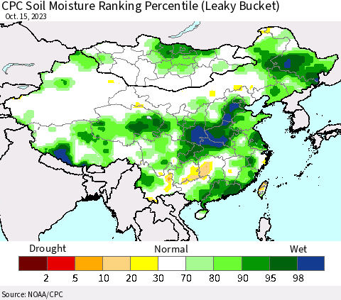 China, Mongolia and Taiwan CPC Soil Moisture Ranking Percentile (Leaky Bucket) Thematic Map For 10/11/2023 - 10/15/2023