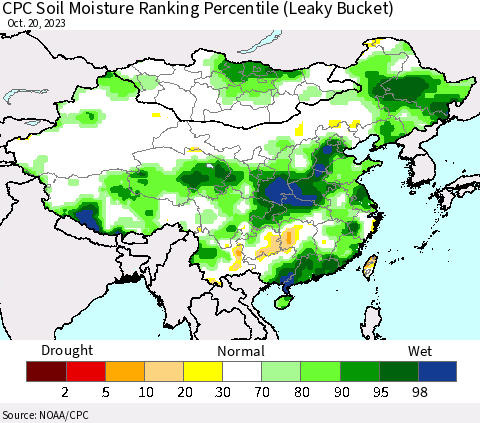 China, Mongolia and Taiwan CPC Soil Moisture Ranking Percentile (Leaky Bucket) Thematic Map For 10/16/2023 - 10/20/2023
