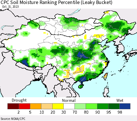 China, Mongolia and Taiwan CPC Soil Moisture Ranking Percentile (Leaky Bucket) Thematic Map For 10/26/2023 - 10/31/2023
