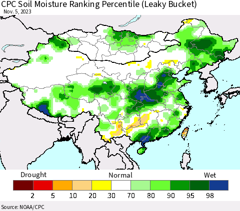 China, Mongolia and Taiwan CPC Soil Moisture Ranking Percentile (Leaky Bucket) Thematic Map For 11/1/2023 - 11/5/2023