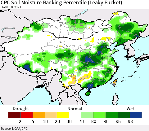 China, Mongolia and Taiwan CPC Soil Moisture Ranking Percentile (Leaky Bucket) Thematic Map For 11/6/2023 - 11/10/2023