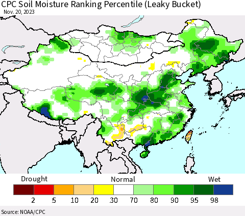 China, Mongolia and Taiwan CPC Soil Moisture Ranking Percentile (Leaky Bucket) Thematic Map For 11/16/2023 - 11/20/2023