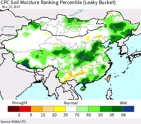 China, Mongolia and Taiwan CPC Soil Moisture Ranking Percentile (Leaky Bucket) Thematic Map For 11/21/2023 - 11/25/2023