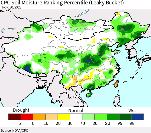 China, Mongolia and Taiwan CPC Soil Moisture Ranking Percentile (Leaky Bucket) Thematic Map For 11/26/2023 - 11/30/2023