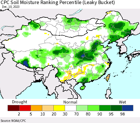 China, Mongolia and Taiwan CPC Soil Moisture Ranking Percentile (Leaky Bucket) Thematic Map For 12/6/2023 - 12/10/2023
