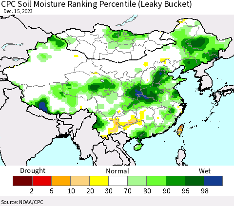 China, Mongolia and Taiwan CPC Soil Moisture Ranking Percentile (Leaky Bucket) Thematic Map For 12/11/2023 - 12/15/2023