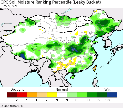 China, Mongolia and Taiwan CPC Soil Moisture Ranking Percentile (Leaky Bucket) Thematic Map For 12/16/2023 - 12/20/2023