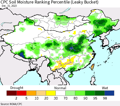 China, Mongolia and Taiwan CPC Soil Moisture Ranking Percentile (Leaky Bucket) Thematic Map For 12/26/2023 - 12/31/2023