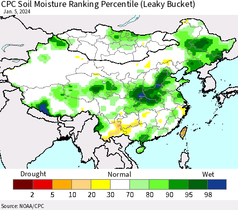 China, Mongolia and Taiwan CPC Soil Moisture Ranking Percentile (Leaky Bucket) Thematic Map For 1/1/2024 - 1/5/2024