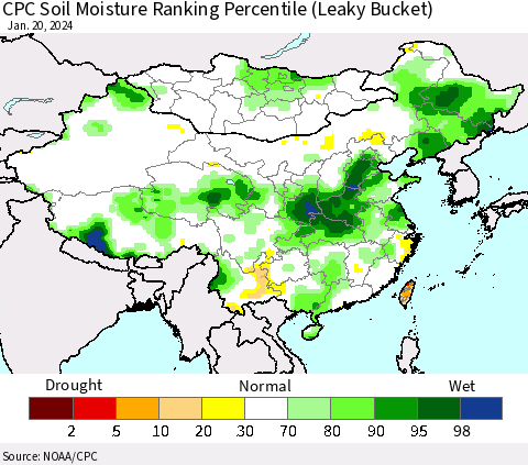 China, Mongolia and Taiwan CPC Soil Moisture Ranking Percentile (Leaky Bucket) Thematic Map For 1/16/2024 - 1/20/2024