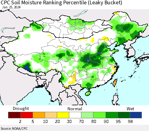 China, Mongolia and Taiwan CPC Soil Moisture Ranking Percentile (Leaky Bucket) Thematic Map For 1/21/2024 - 1/25/2024