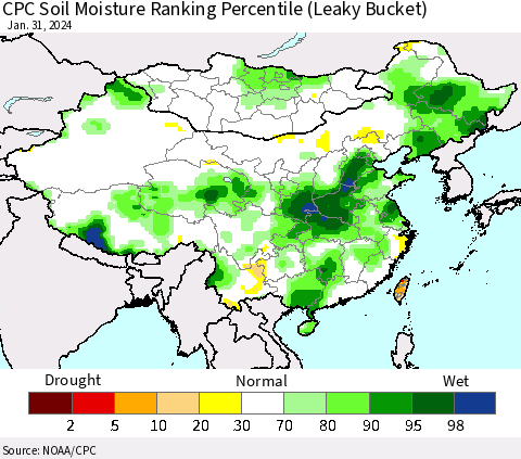 China, Mongolia and Taiwan CPC Soil Moisture Ranking Percentile (Leaky Bucket) Thematic Map For 1/26/2024 - 1/31/2024
