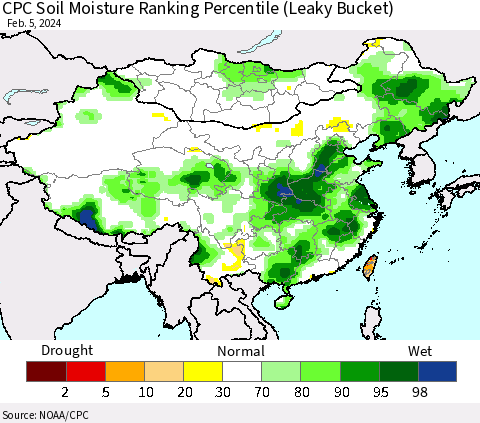 China, Mongolia and Taiwan CPC Soil Moisture Ranking Percentile (Leaky Bucket) Thematic Map For 2/1/2024 - 2/5/2024