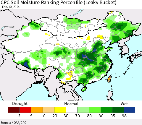 China, Mongolia and Taiwan CPC Soil Moisture Ranking Percentile (Leaky Bucket) Thematic Map For 2/6/2024 - 2/10/2024