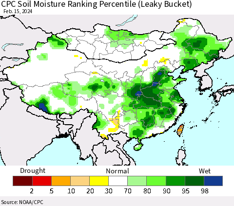 China, Mongolia and Taiwan CPC Soil Moisture Ranking Percentile (Leaky Bucket) Thematic Map For 2/11/2024 - 2/15/2024