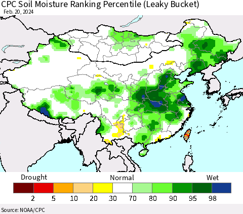 China, Mongolia and Taiwan CPC Soil Moisture Ranking Percentile (Leaky Bucket) Thematic Map For 2/16/2024 - 2/20/2024