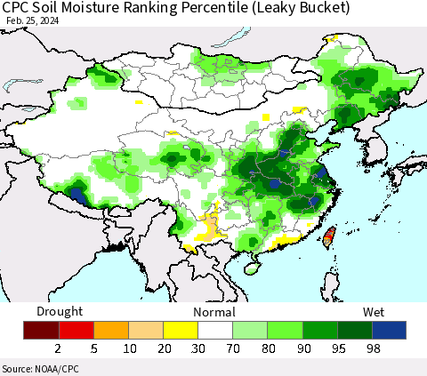 China, Mongolia and Taiwan CPC Soil Moisture Ranking Percentile (Leaky Bucket) Thematic Map For 2/21/2024 - 2/25/2024