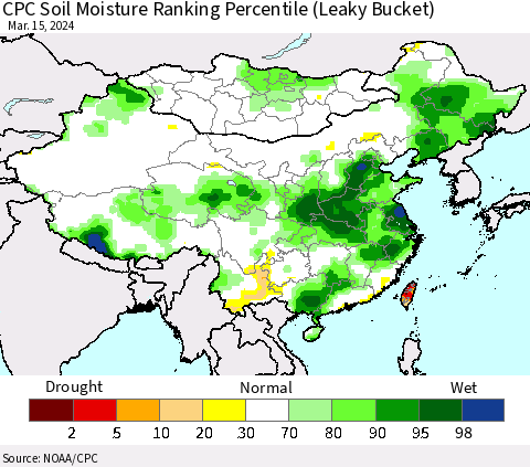 China, Mongolia and Taiwan CPC Soil Moisture Ranking Percentile (Leaky Bucket) Thematic Map For 3/11/2024 - 3/15/2024