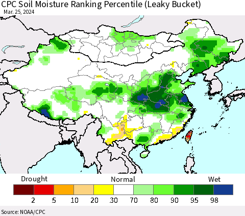 China, Mongolia and Taiwan CPC Soil Moisture Ranking Percentile (Leaky Bucket) Thematic Map For 3/21/2024 - 3/25/2024
