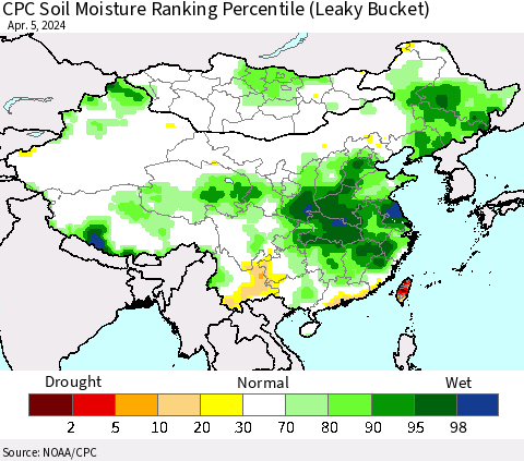 China, Mongolia and Taiwan CPC Soil Moisture Ranking Percentile (Leaky Bucket) Thematic Map For 4/1/2024 - 4/5/2024