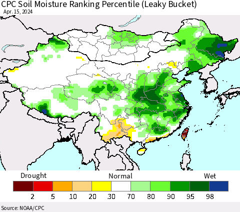 China, Mongolia and Taiwan CPC Soil Moisture Ranking Percentile (Leaky Bucket) Thematic Map For 4/11/2024 - 4/15/2024