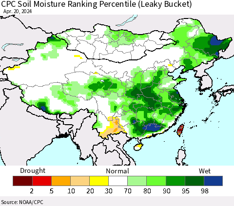 China, Mongolia and Taiwan CPC Soil Moisture Ranking Percentile (Leaky Bucket) Thematic Map For 4/16/2024 - 4/20/2024