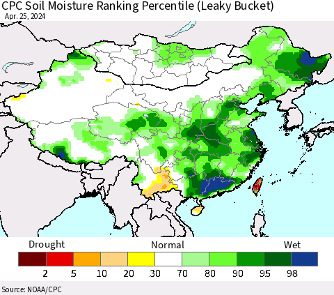China, Mongolia and Taiwan CPC Soil Moisture Ranking Percentile (Leaky Bucket) Thematic Map For 4/21/2024 - 4/25/2024