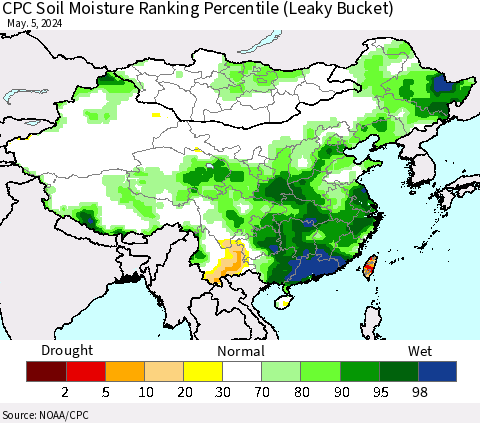 China, Mongolia and Taiwan CPC Soil Moisture Ranking Percentile (Leaky Bucket) Thematic Map For 5/1/2024 - 5/5/2024