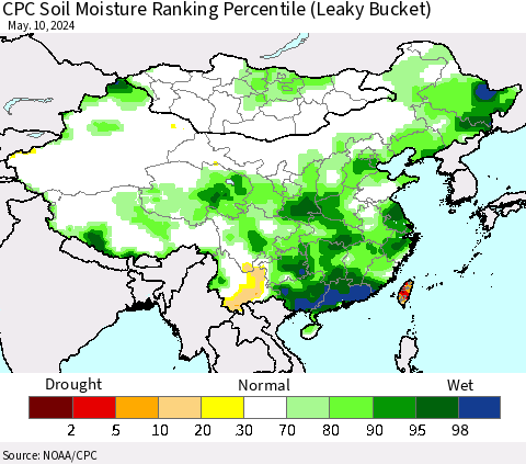 China, Mongolia and Taiwan CPC Soil Moisture Ranking Percentile (Leaky Bucket) Thematic Map For 5/6/2024 - 5/10/2024