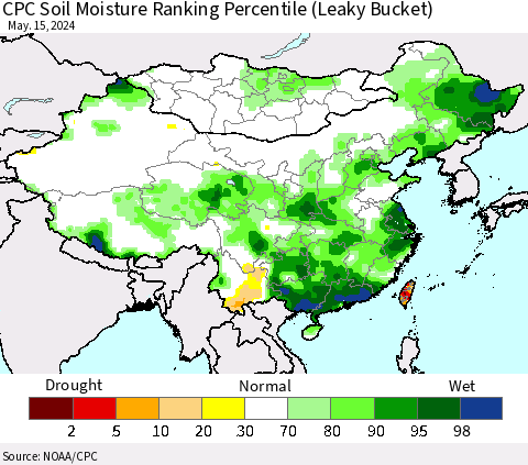 China, Mongolia and Taiwan CPC Soil Moisture Ranking Percentile (Leaky Bucket) Thematic Map For 5/11/2024 - 5/15/2024