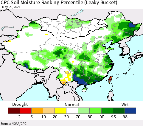 China, Mongolia and Taiwan CPC Soil Moisture Ranking Percentile (Leaky Bucket) Thematic Map For 5/16/2024 - 5/20/2024
