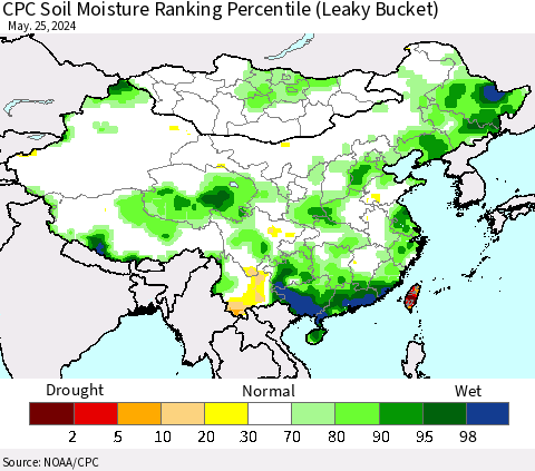 China, Mongolia and Taiwan CPC Soil Moisture Ranking Percentile (Leaky Bucket) Thematic Map For 5/21/2024 - 5/25/2024