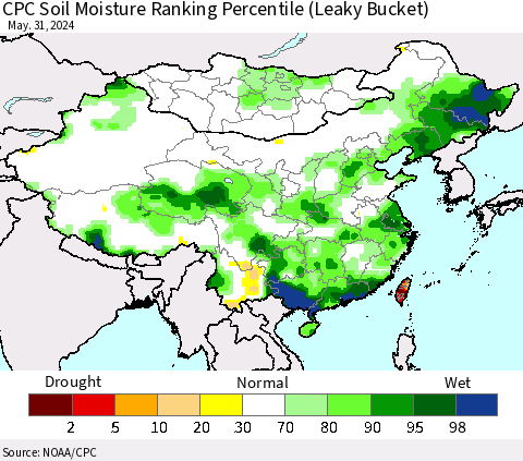 China, Mongolia and Taiwan CPC Soil Moisture Ranking Percentile (Leaky Bucket) Thematic Map For 5/26/2024 - 5/31/2024