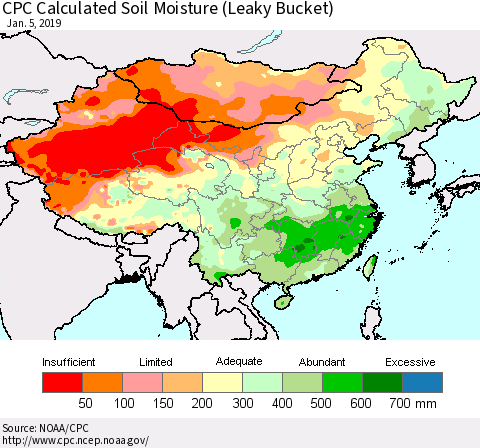 China and Taiwan CPC Calculated Soil Moisture (Leaky Bucket) Thematic Map For 1/1/2019 - 1/5/2019