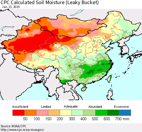 China and Taiwan CPC Calculated Soil Moisture (Leaky Bucket) Thematic Map For 1/11/2019 - 1/15/2019