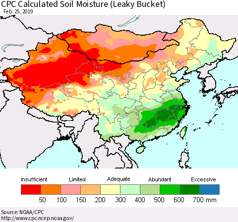 China and Taiwan CPC Calculated Soil Moisture (Leaky Bucket) Thematic Map For 2/21/2019 - 2/25/2019