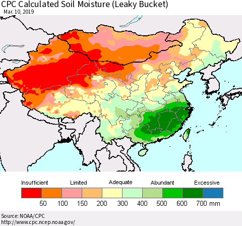China and Taiwan CPC Calculated Soil Moisture (Leaky Bucket) Thematic Map For 3/6/2019 - 3/10/2019