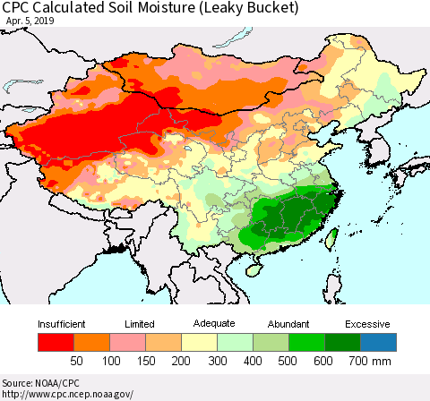 China and Taiwan CPC Calculated Soil Moisture (Leaky Bucket) Thematic Map For 4/1/2019 - 4/5/2019