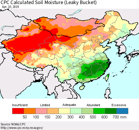 China and Taiwan CPC Calculated Soil Moisture (Leaky Bucket) Thematic Map For 4/6/2019 - 4/10/2019